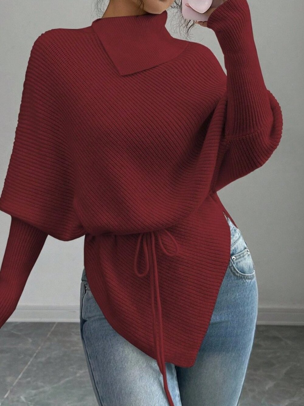 Red Casual Women's High Neck Batwing Sleeve Asymmetrical Hem Tie Waist Sweater